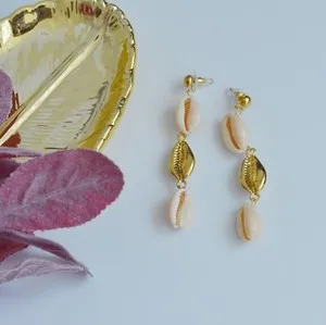 Authentic Cowrie Seashell Shell Gold Plated Drop Earrings Silver posts Beach Boho Style