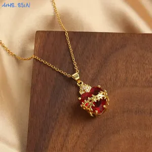 Authentic Gold Plated Sacred Heart of Jesus Cross Necklace Red Zircon Religious Catholic