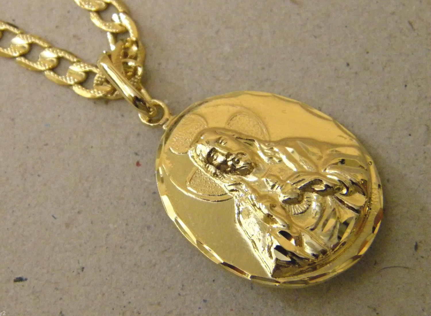 Authentic Men Lady Yellow Gold Plated Virgin Mary Sacred Heart Charm Cuban Chain Set 24in