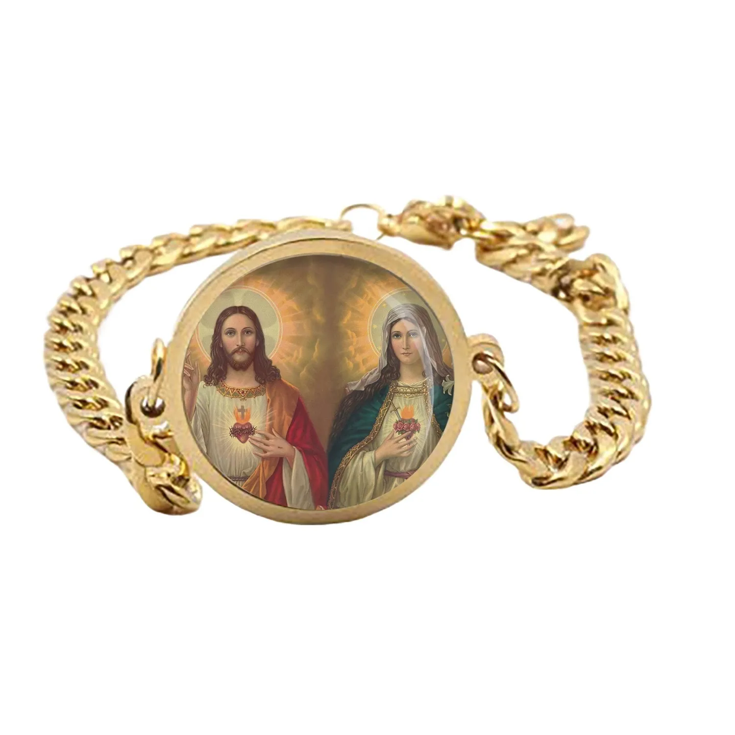 Authentic Divine Embrace: Immaculate Mother & Sacred Heart Curb Bracelet