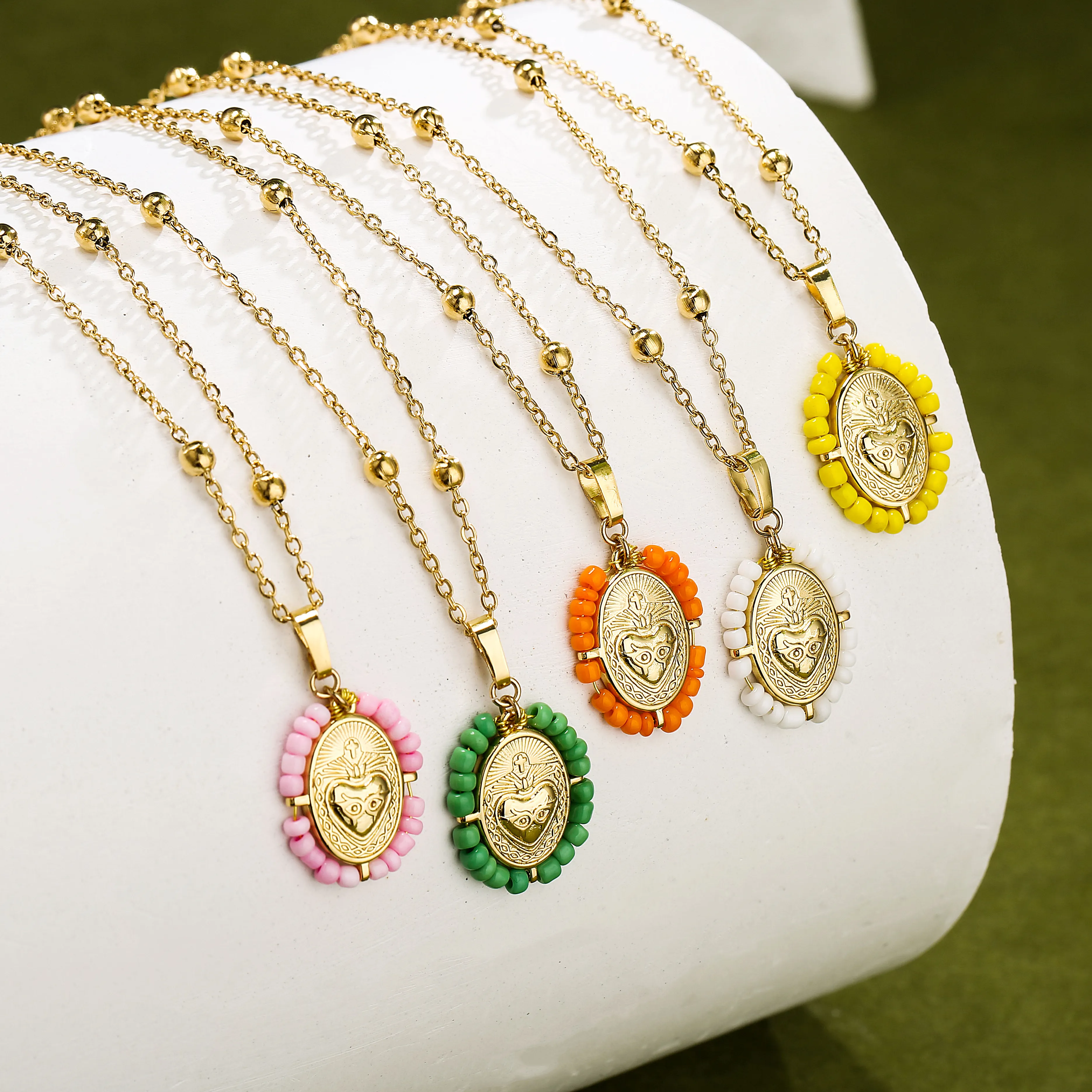 Authentic Sacred Heart Mother Medallion and Devotional Bead Necklace in Radiant 18K Gold Plated Brass