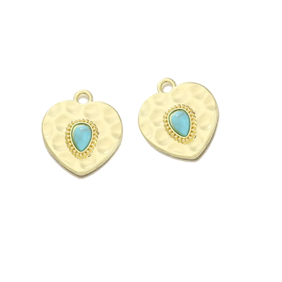 Authentic 10Pcs Gold Color Sacred Heart w Teardrop Shape Turquoise Charm Hammered Heart Pendant For Diy Earring Bracelet Jewelry Making