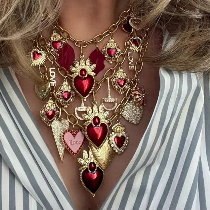 Authentic 5pcs k Gold Color CZ Red Lip Sacred Milagro Catholic Heart Love Charm Necklace Women Layer Jewelry