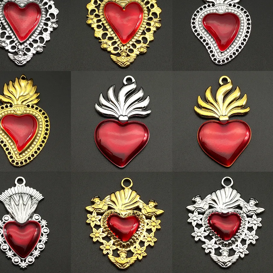 Authentic Classic Red Religious Heart Charm For Jewelry Making Gold Color Ex Voto Pendants Clear Cubic Sacred Heart Necklace DIY
