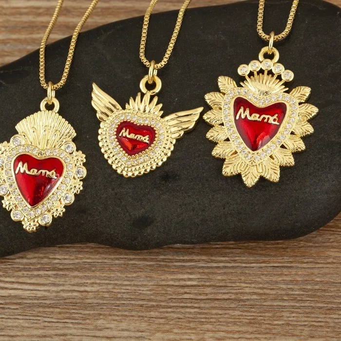 Authentic Gold Red Heart Necklace Mama Pendant, Enamel Sacred Heart Charm, Mother's Day Jewelry Gift Crown Flame Love Chain