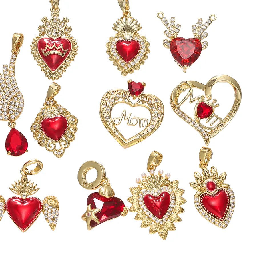 Authentic in Sacred Red Heart Charm Love Zircon Charm Pendant Wing 18K Gold Plated for DIY Jewelry Making Supplies