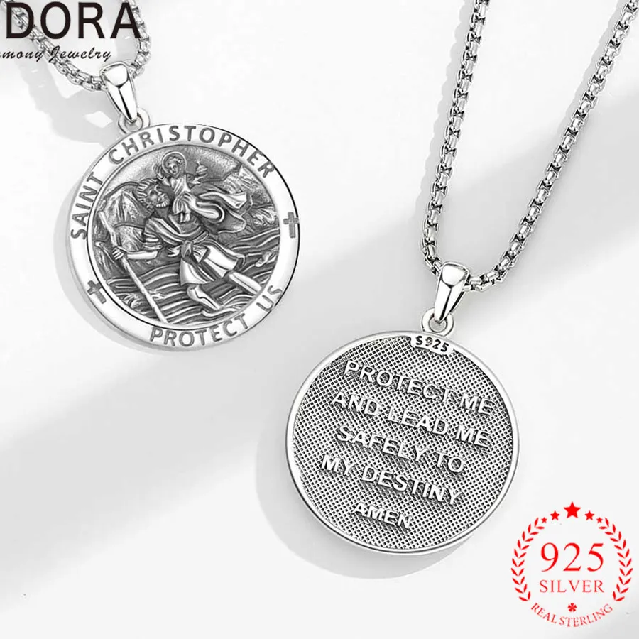 Authentic Eudora 925 Sterling Silver Saint Christopher Necklace Catholic Medal Cross Pendant Protection Jewelry Fine