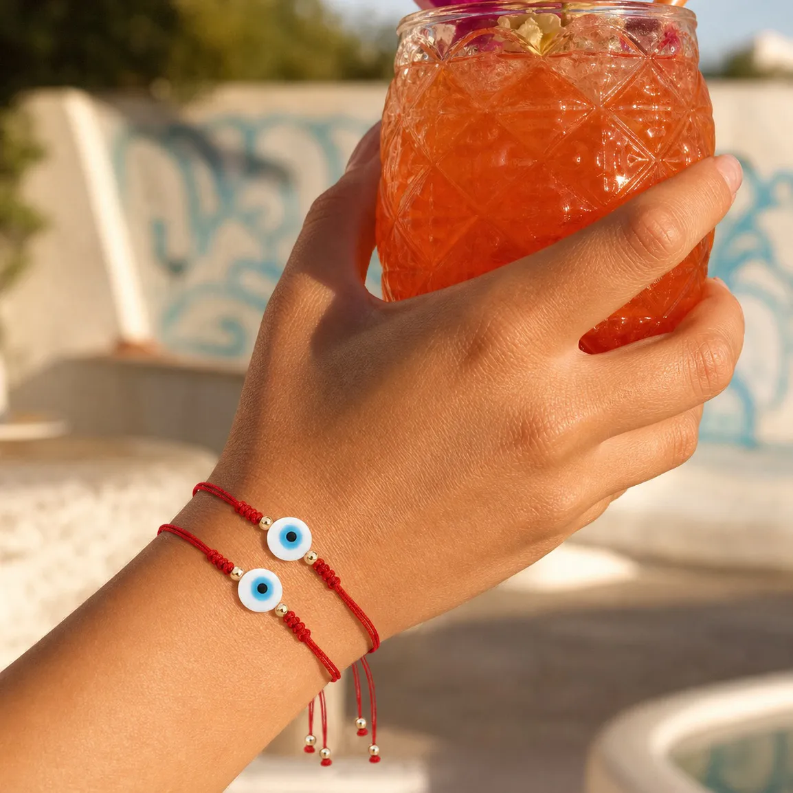 Authentic 2Pcs Adjustable Red Cotton Rope Evil Eye Bracelet With Beads Boho Tie String Bracelet