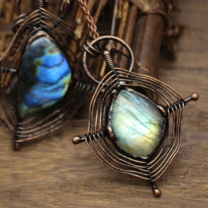 Authentic Polly Soldered Large Natural Stone Flash Labradorite Spider Web Necklace Pendant, Unique Handmade Gothic Jewelry