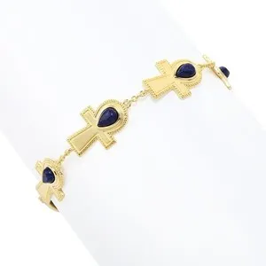 Authentic Passport to Egypt 18K Gold Plated 6x4mm Pear Shape Lapis Ankh Cross Bracelet