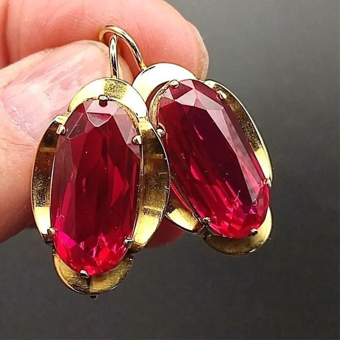 Authentic Elegance Inlaid Red Cz Dangle Earrings Golden Color Geometry Jewelry Anniversary