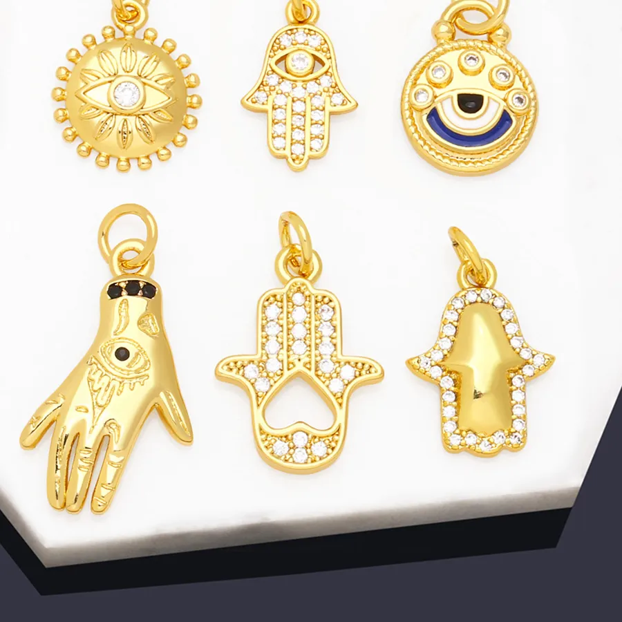 Authentic OCESRIO CZ Little Brass Fatima Hand Charm for Bracelet Earring Copper Gold Plated Turkish Eye Jewelry Making Supplies chma182