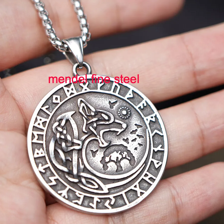 Authentic MENDEL Mens Gold Plated Viking Rune Wolf Head Vegvisir Pendant Necklace For Men