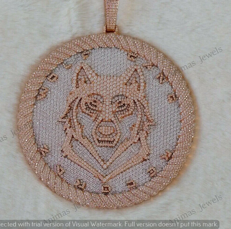 Authentic Men's 3.00 Ct Moissanite Animal Wolf Face Medallion Pendant 14K Rose Gold Plated