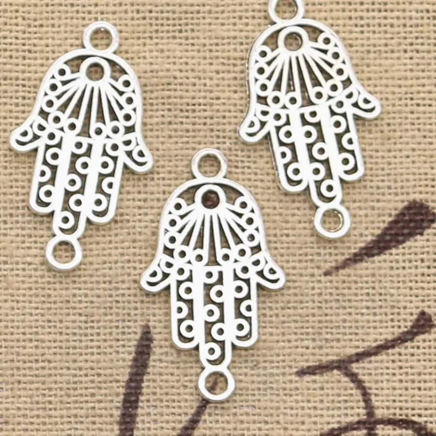 Authentic 30pcs Charms Hamsa Hand Protection Connector 26x15mm Antique Bronze Silver Color Pendants Making DIY Handmade Tibetan Jewelry
