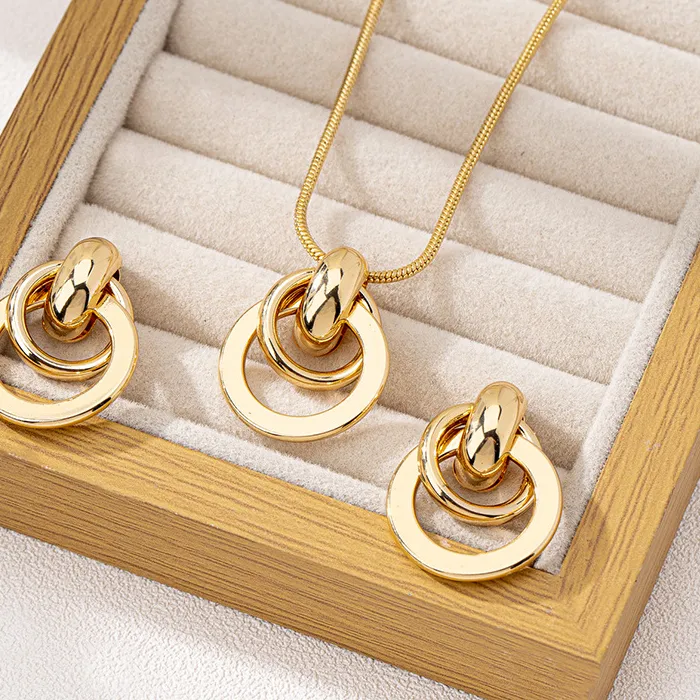 Authentic A Suit Of Gold Color Geometry Circle Necklace Earrings Trend Jewerly