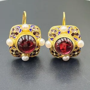 Authentic Ethereal Blooms of Crimson Light: Rhodolite Garnet and Seed Pearl Talismanic Earrings