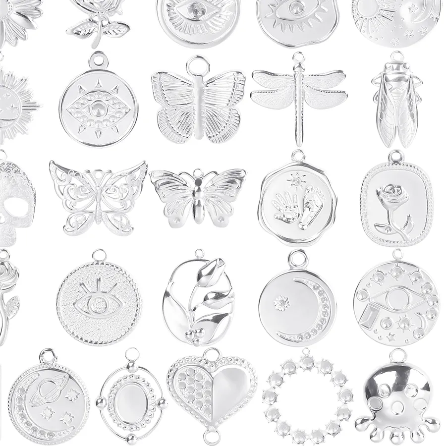 Authentic 5pcs Silver Color Star Moon Sun Charm Butterfly Rose Stainless Steel Charms For Jewelry Making Supplies Ojo Turco Pendants Gift