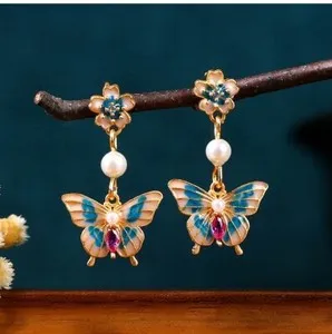 Authentic Pearl Gemstone Drop Dangle Earrings Butterfly Flower Bohemian 18K Gold Plated