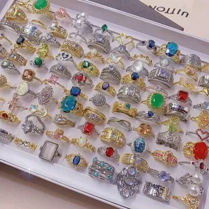 Authentic 10-100Pcs Retro Gold Plated Alloy Rings Diamond Rhinestone Gemstone