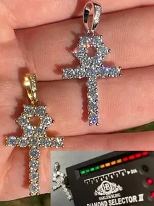 Authentic MOISSANITE Tennis Ankh Cross Pendant Necklace Gold Plated Silver Diamond Test