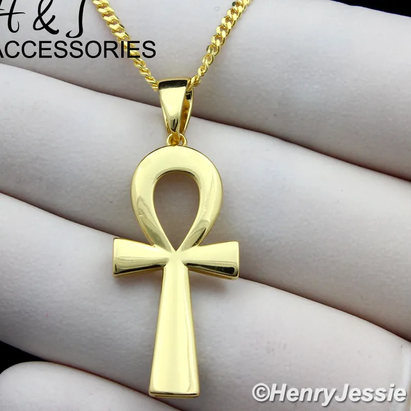 Authentic 925 STERLING SILVER 16-24"X2MM GOLD PLATED CUBAN CHAIN ANKH CROSS PENDANT*AGP195