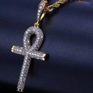 Authentic Mens Gold Plated Egyptian Cz Ankh Pendant Hip Hop With Rope Chain Necklace 
