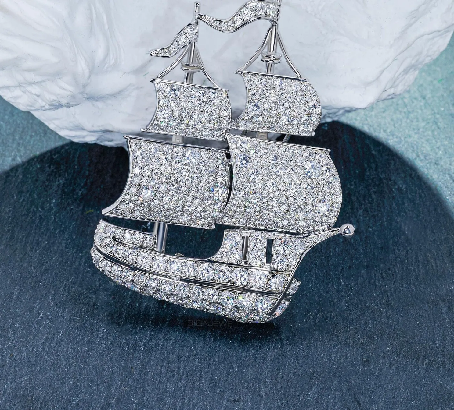 Authentic The Celestial Vessel: 14K White Gold Plated Diamond Navigating Brooch