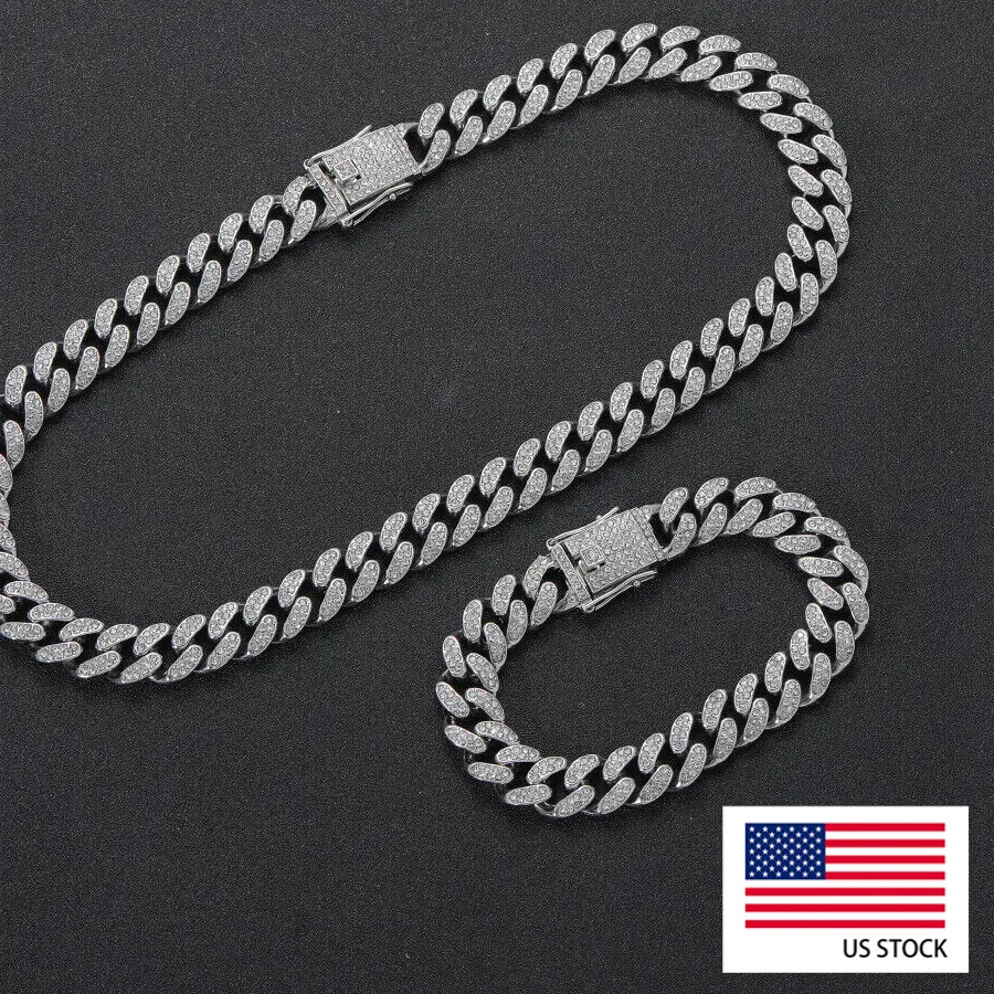 Authentic 12MM Gold Plated Iced CZ Out Cuban Chain Set Classic Cuban Link Chain/Necklace