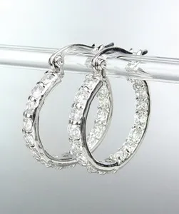 Authentic CLASSIC 18kt White Gold Plated INSIDE OUTSIDE Crystals 1" Thin Hoop Earrings