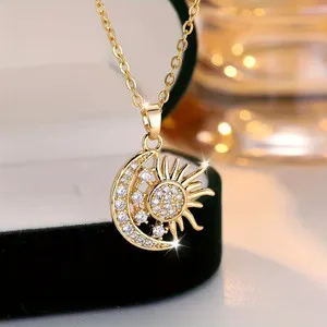 Authentic Celestial Harmony: Gold-Plated Sun & Moon Amulet with Cubic Zirconia