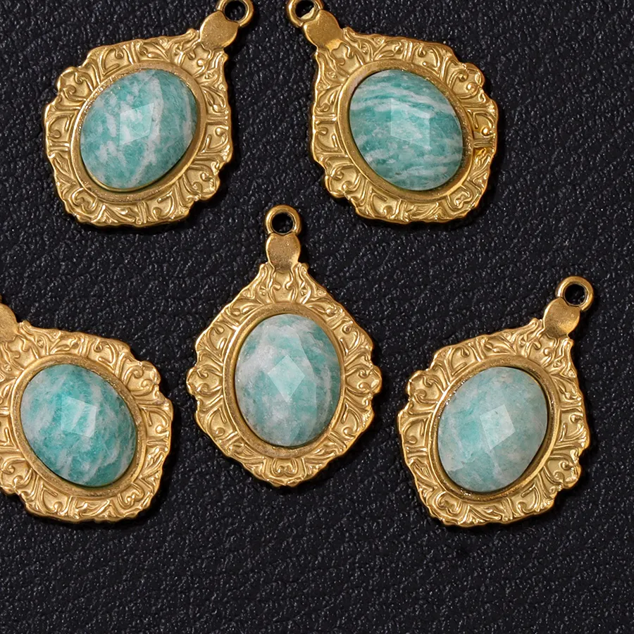 Authentic 5Pcs/pack Natural Amazonite Tiger Eye Amethyst Stone Pendant With Gold Color Geometric Charms For Jewelry Making