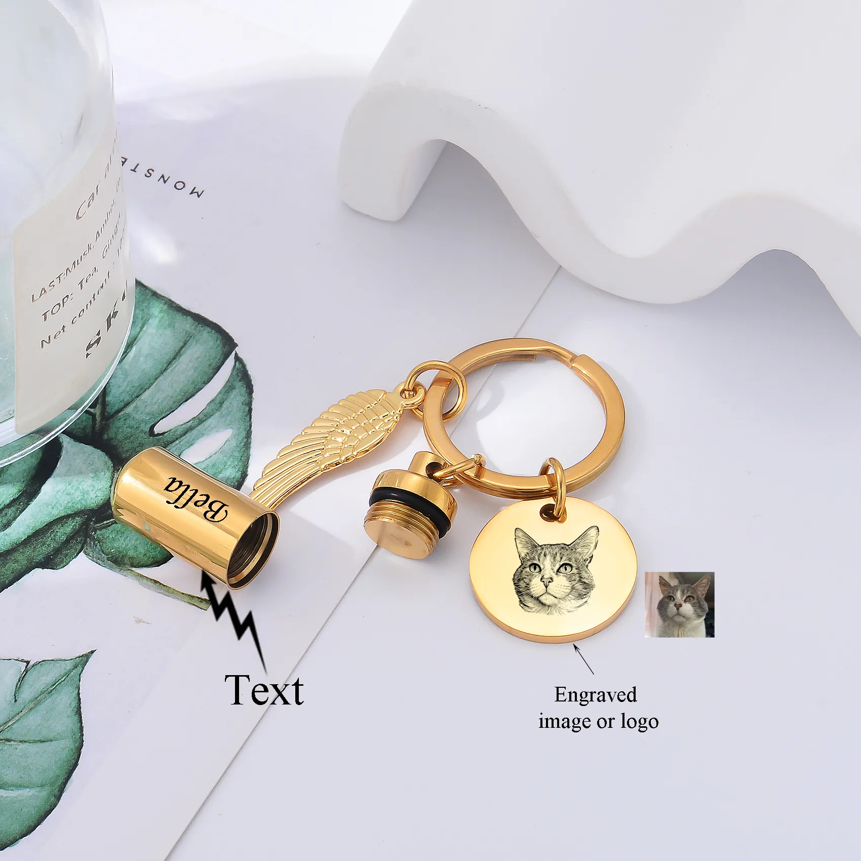 Authentic Personalized Cylinder Urn Keychain For Ashes Round Charms With Wing Custom Image Name Date Memorial Jewelry Gif