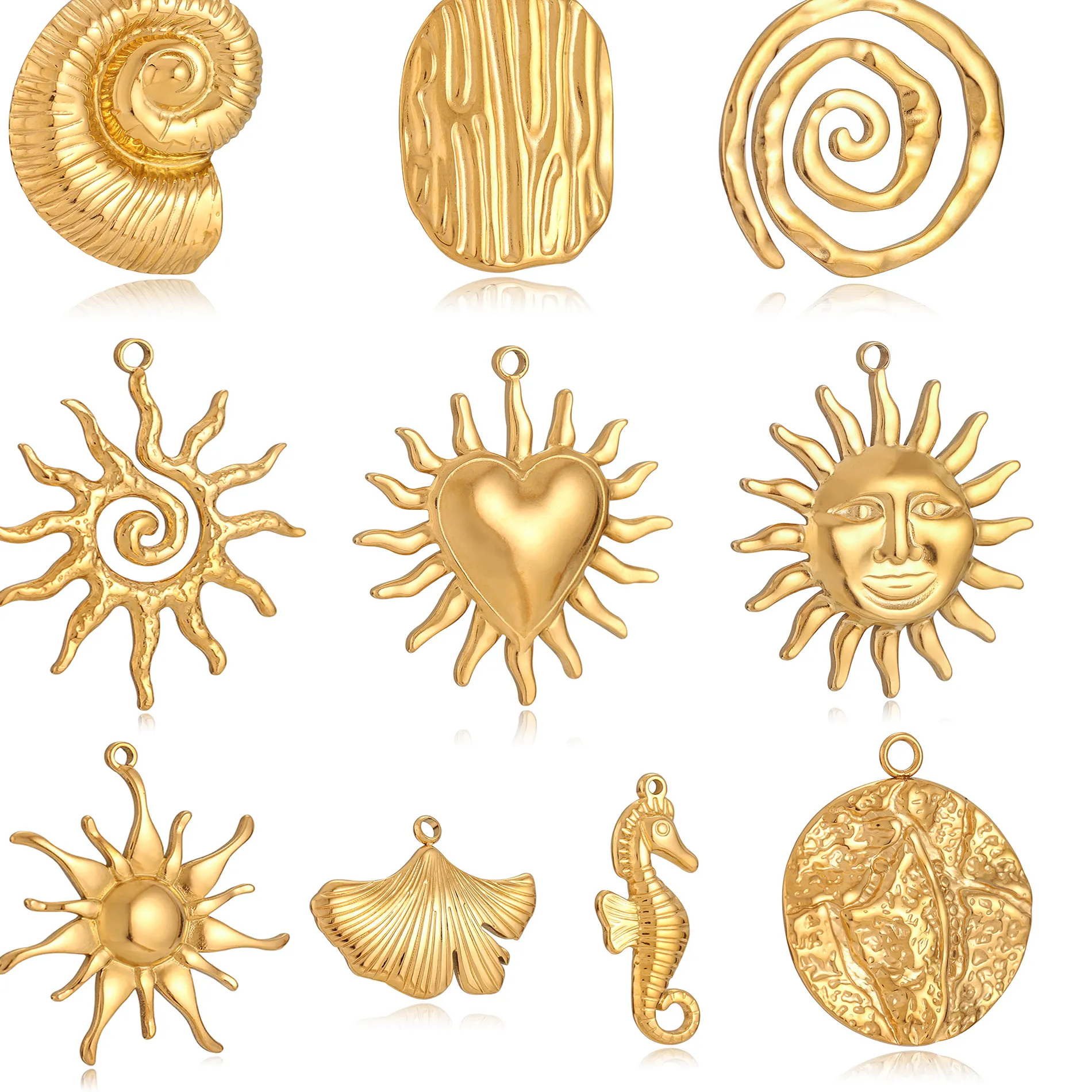 Authentic 3PCS Retro Bohemian Sun Conch Charms DIY Jewelry Earrings Necklace Large-Sized Pendant Gold Color Making
