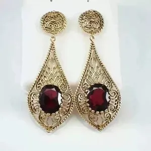 Authentic Radiant Crimson Flame Garnet Dangle Earrings in 14K Yellow Gold Plate