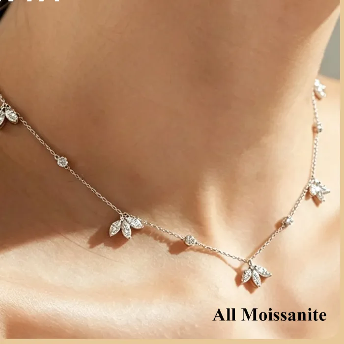 Authentic Ewya Lotus Marquise Cut 3 Stone Full Moissanite Pendant Necklace S925 Silver Maple Leaf Certified Neck Chain