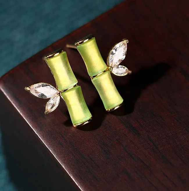 Authentic Jade Crystal Stud Earrings Bohemian Minimalist Bamboo 18K Gold Plated Gemstone