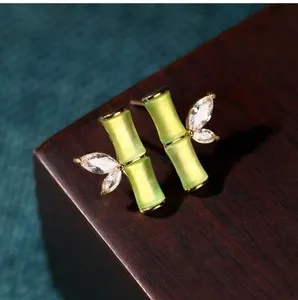 Authentic Jade Crystal Stud Earrings Bohemian Minimalist Bamboo 18K Gold Plated Gemstone