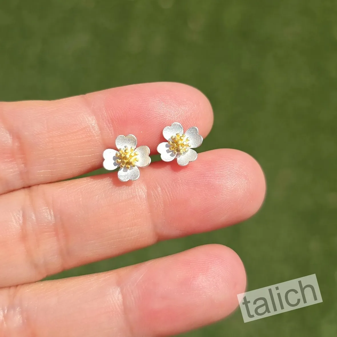 Authentic Petals of Protection: Two-Tone Flower Studs - Gold Plated Sterling Silver