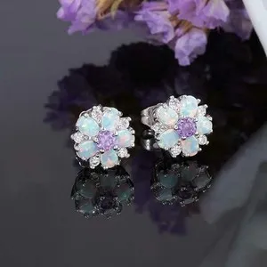 Authentic Opal Flower Stud Earrings 925 Sterling Silver Gold Plated Cute Jewelry