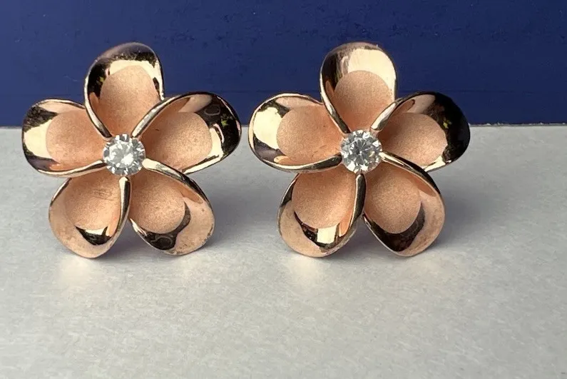 Authentic Rose Gold Plated Sterling Silver 925 Plumeria Frangipani Flower Stud Earrings
