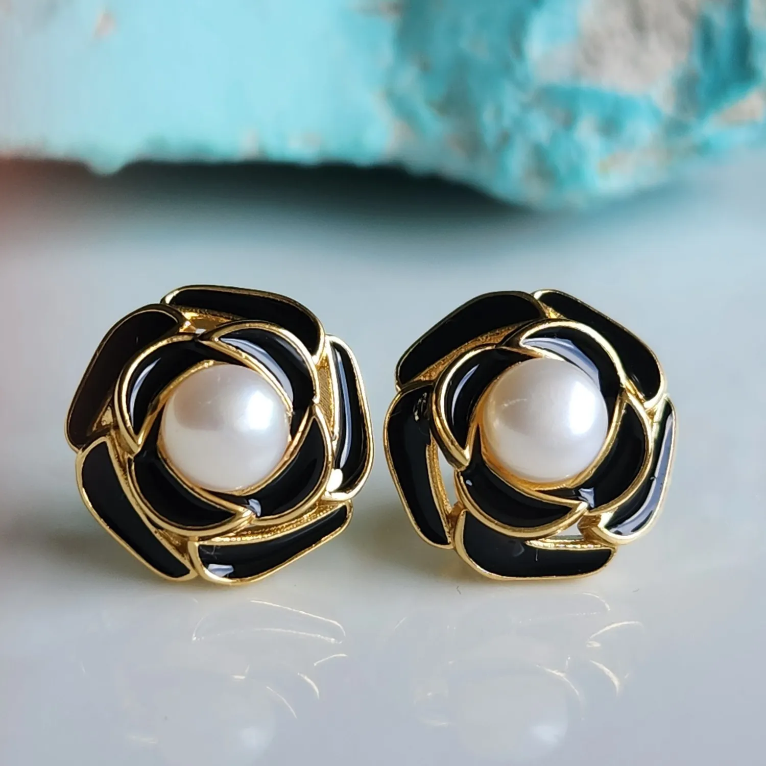 Authentic Radiant Blossom Pearl and Gold-Plated Sacred Geometry Studs