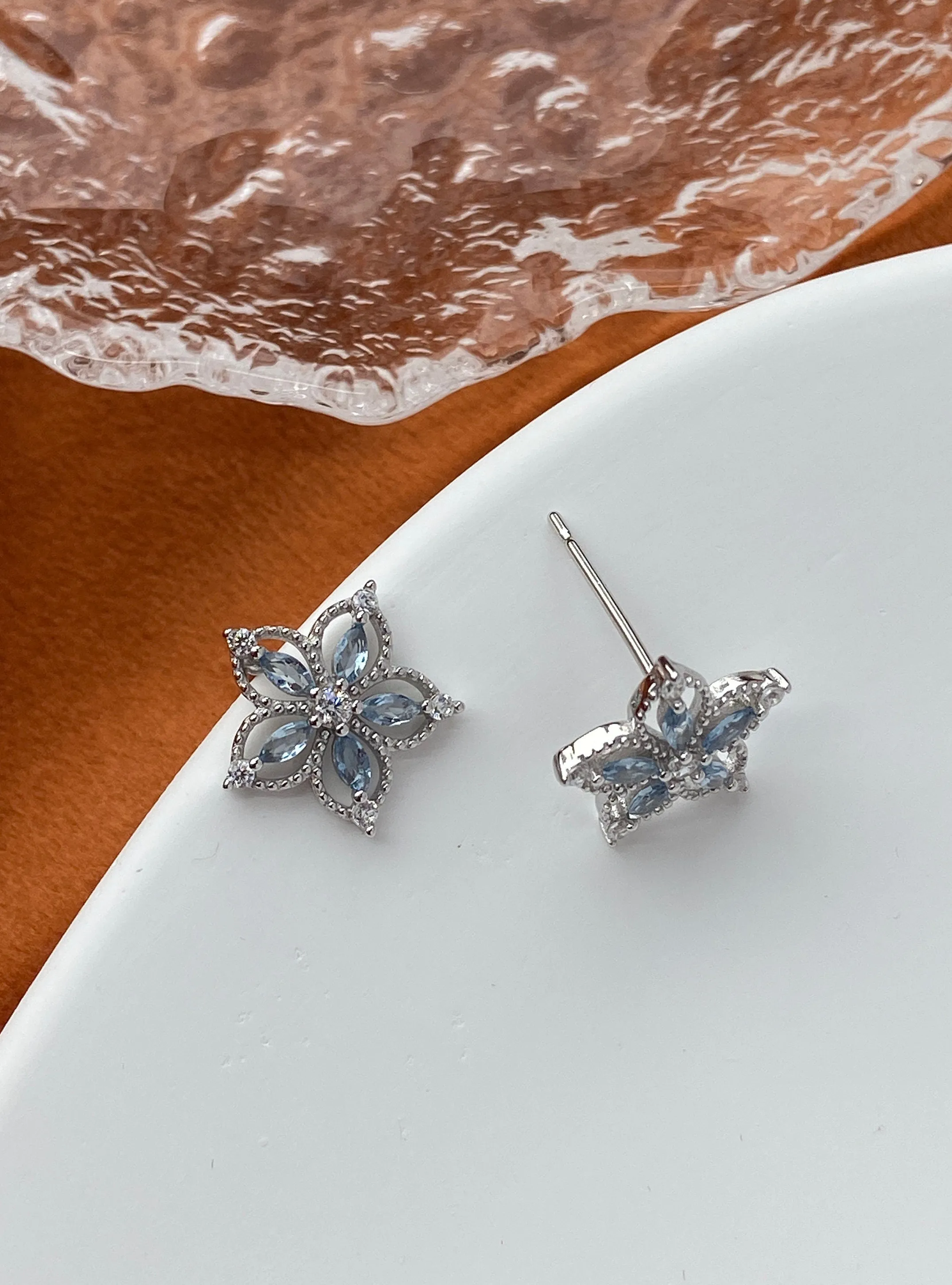 Authentic 14K Gold Plated S925 Sterling Silver Blue Zircon Star Flower Stud Earrings