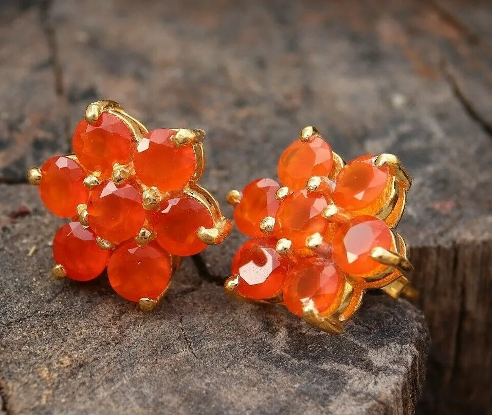 Authentic Blossoms of Solar Vitality: Natural Carnelian and 18k Gold Botanical Studs
