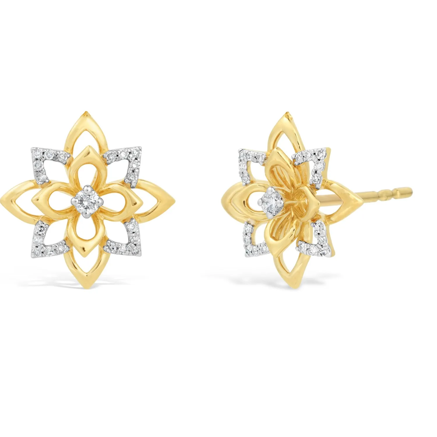 Authentic Yellow Gold Plated 925 Sterling Silver Flower Stud Earrings 0.10 Ct. Diamonds