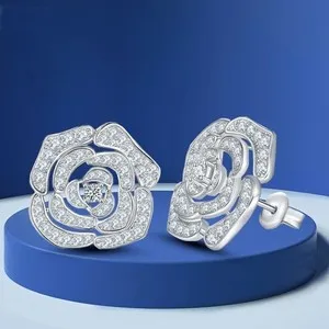 Authentic Full Moissanite Flower Stud Earrings Women 925 Sterling Silver 18k Gold Plated