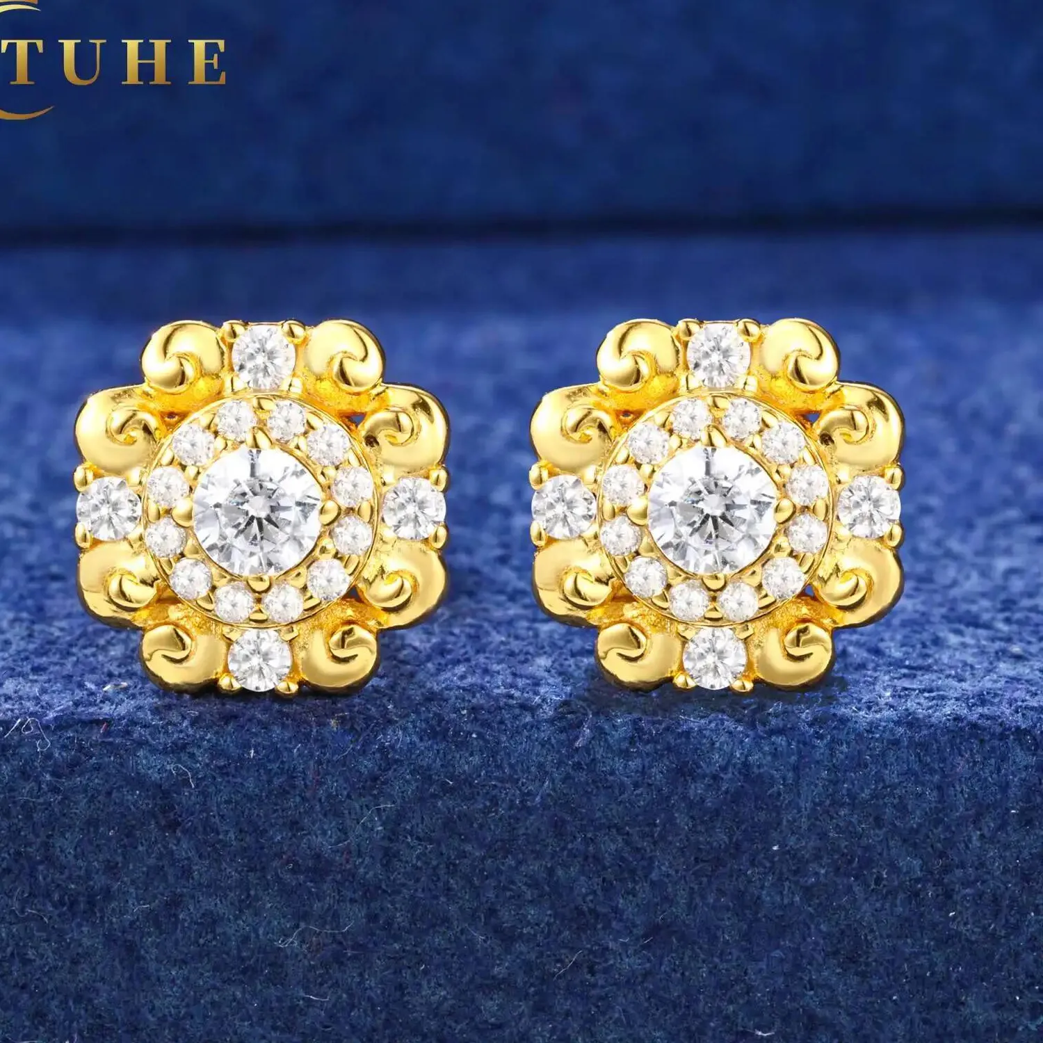 Authentic Hip Hop Fine Jewelry Earrings Vvs Moissanite Diamond 18k Gold Plated Charms 925 Sterling Silver Shining Flower Stud Earrings