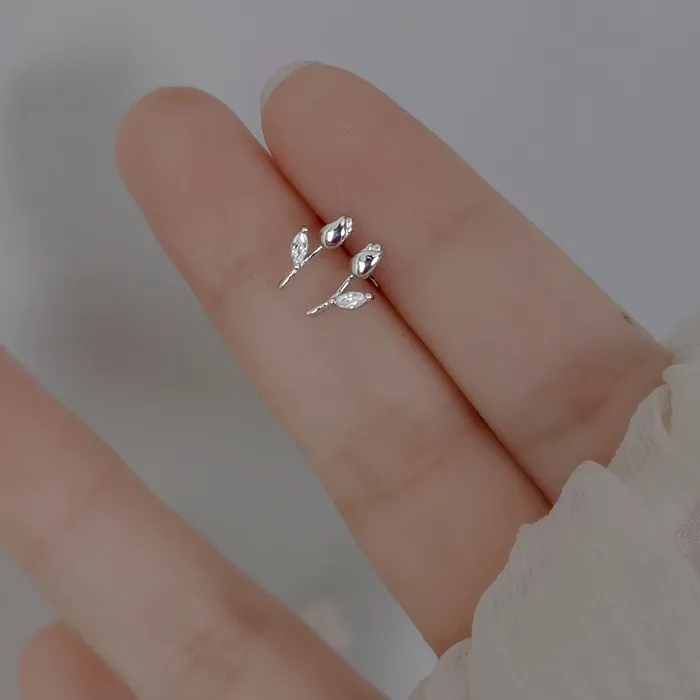 Authentic Sweet Exquisite 925 Sterling Silver Zircon Tulip Gold Color Stud Earrings for Woman Girl Summer Flower Jewelry Accessories Gifts