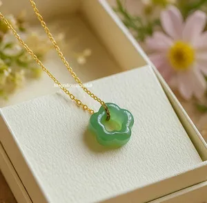 Authentic Dark Green Jade Floral Pendant Stone Necklace 18K Gold-Plated Women Jewelry