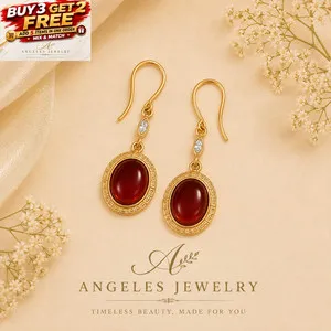 Authentic Crimson Ember Red Jade Gold-Plated Boho Dangle Earrings